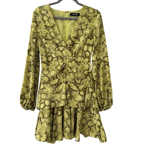 Do+Be snake Print Long Sleeve V-Neck Mini Dress With Peplum & Ruffle Hem - Picture 1 of 11